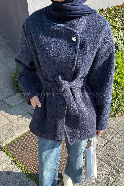 Lamelif Gold Düğmeli Kaban Lacivert