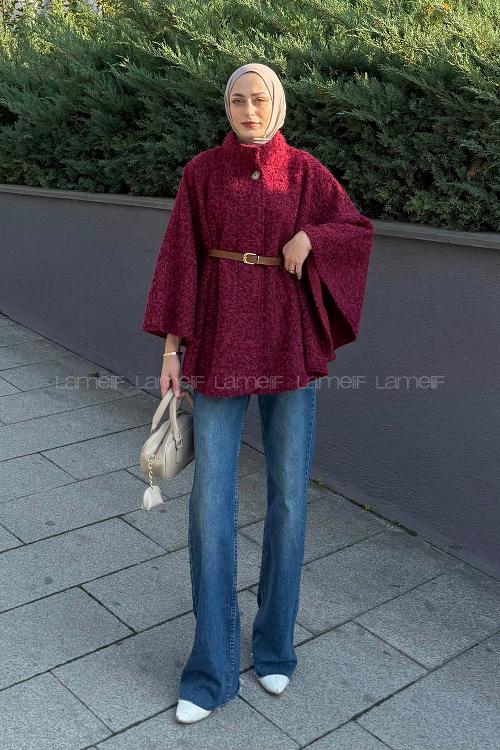 Lamelif Hakim Yaka Kemer Detaylı Kaşe Panço Bordo