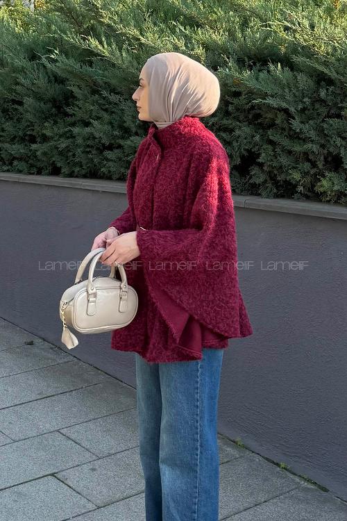 Lamelif Hakim Yaka Kemer Detaylı Kaşe Panço Bordo