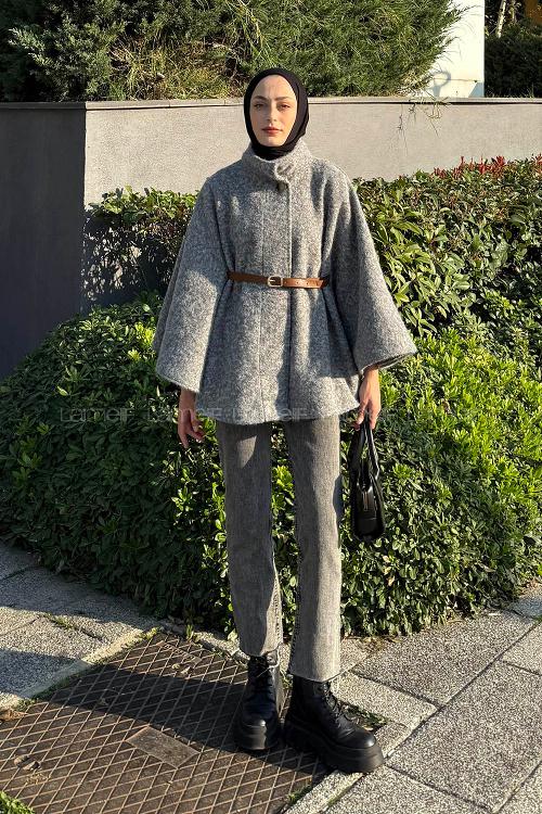 Lamelif Hakim Yaka Kemer Detaylı Kaşe Panço Gri