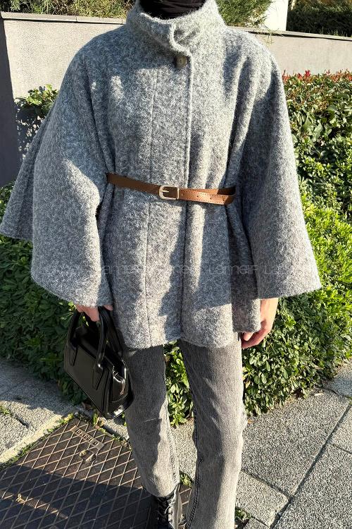 Lamelif Hakim Yaka Kemer Detaylı Kaşe Panço Gri