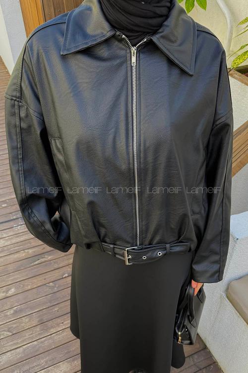 Lamelif Kemerli Deri Mont Siyah