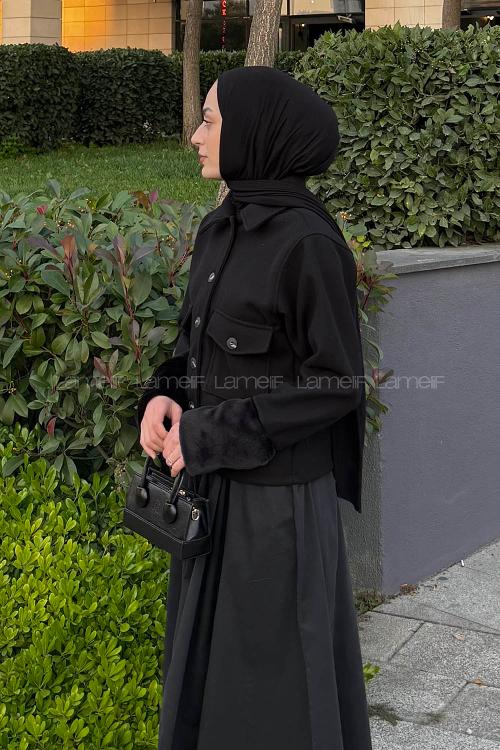 Lamelif Kol Kürk Detaylı Ceket Siyah