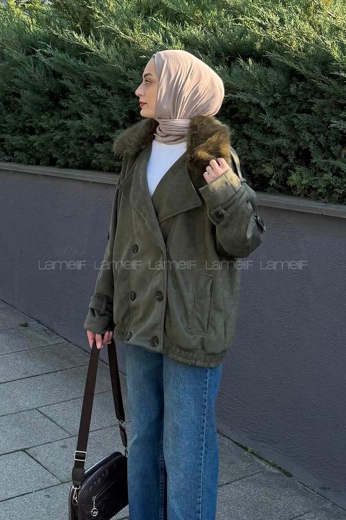 Lamelif Kürk Yakalı Süet Mont Haki