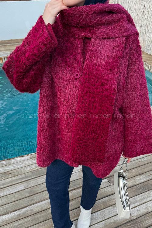 Lamelif Peluş Atkılı Mont Bordo