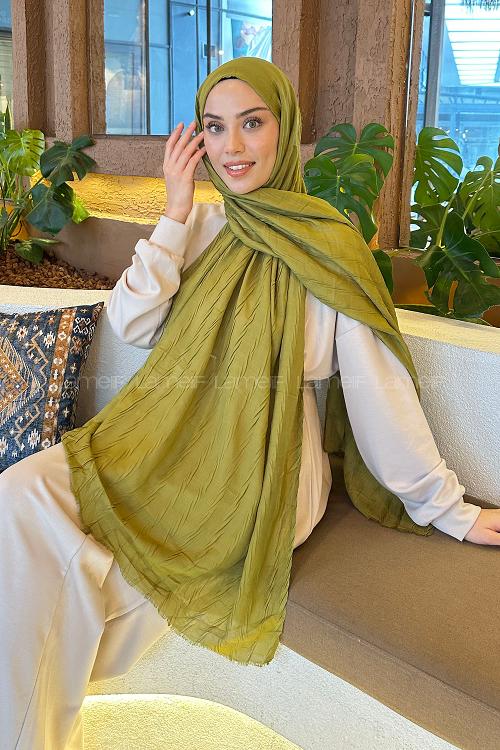 Lamelif piliseli Bambu Şal Yağ Yeşili