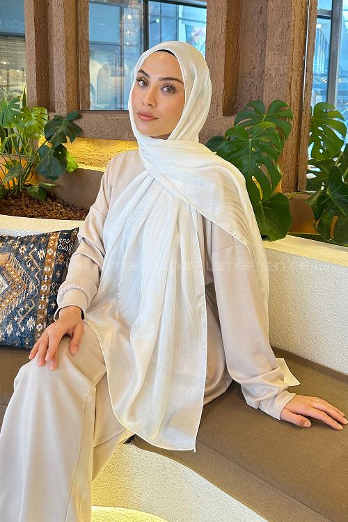 Lamelif Su Yolu Desen Janjan Jakar Şal Kırık Beyaz