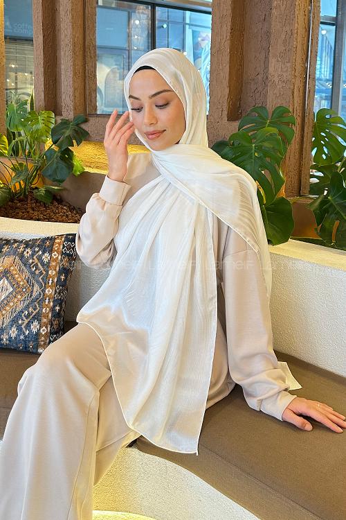 Lamelif Su Yolu Desen Janjan Jakar Şal Kırık Beyaz