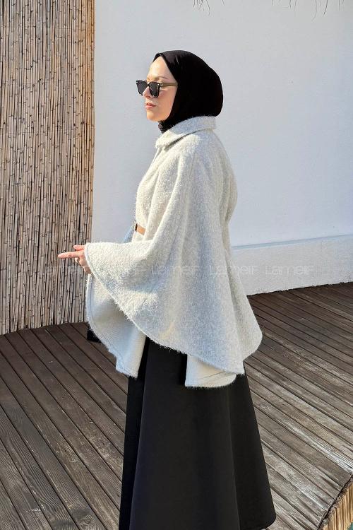 Lamelif Tek Düğmeli Beli Kemerli Sakallı Panço Gri