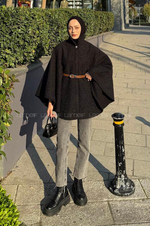 Lamelif Tek Düğmeli Beli Kemerli Sakallı Panço Siyah