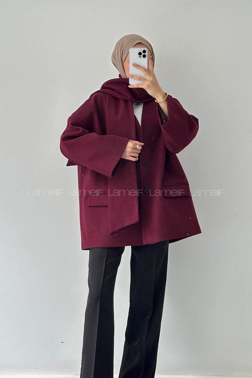 Lamelif Atkılı Kaşe Kaban Bordo