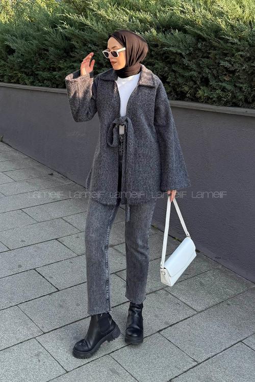 Lamelif Bağlama Detaylı Ceket Antrasit