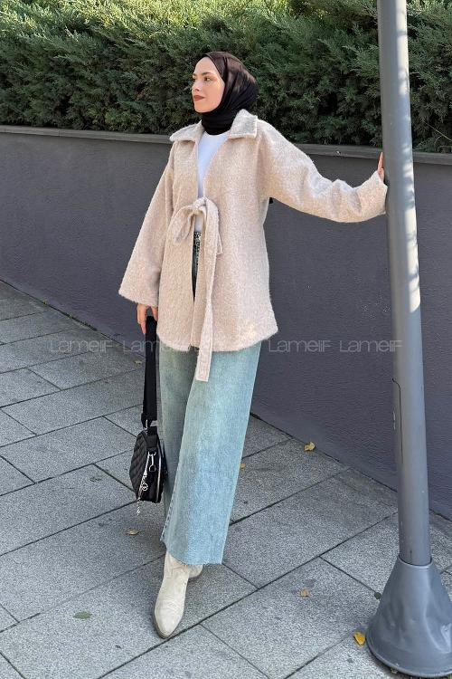 Lamelif Bağlama Detaylı Ceket Taş Rengi