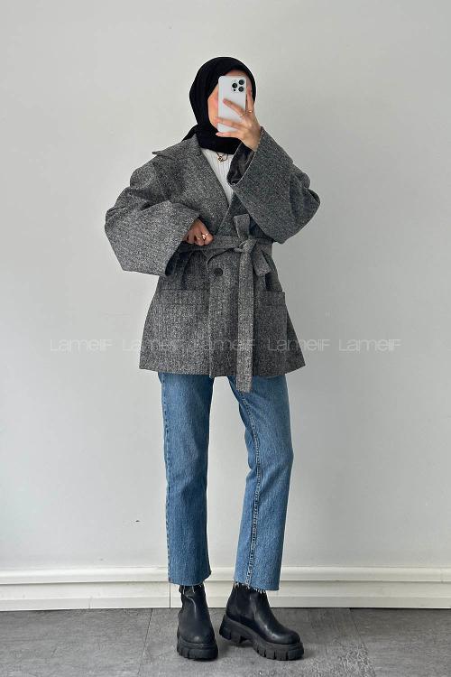 Lamelif Balıksırtı Desen Kaşe Kaban Gri