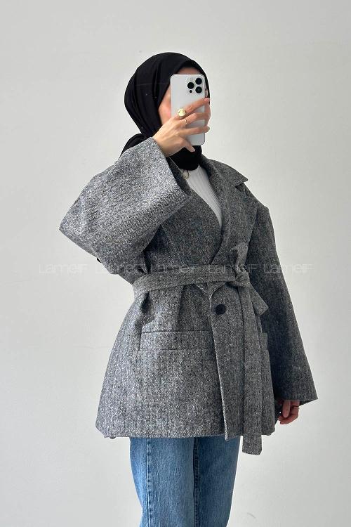 Lamelif Balıksırtı Desen Kaşe Kaban Gri