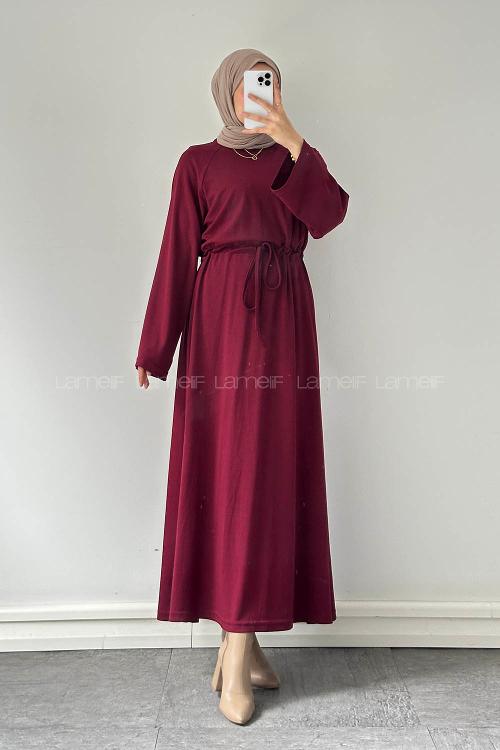 Lamelif Bel Tünel Detaylı Elbise Bordo