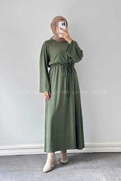 Lamelif Bel Tünel Detaylı Elbise Haki