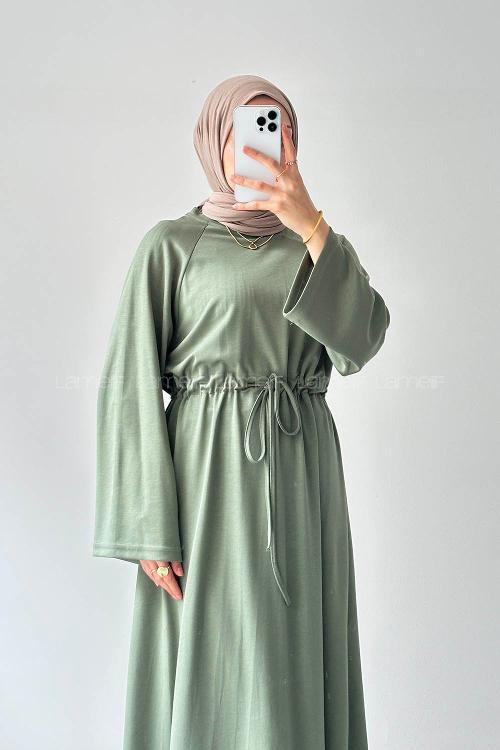 Lamelif Bel Tünel Detaylı Elbise Haki