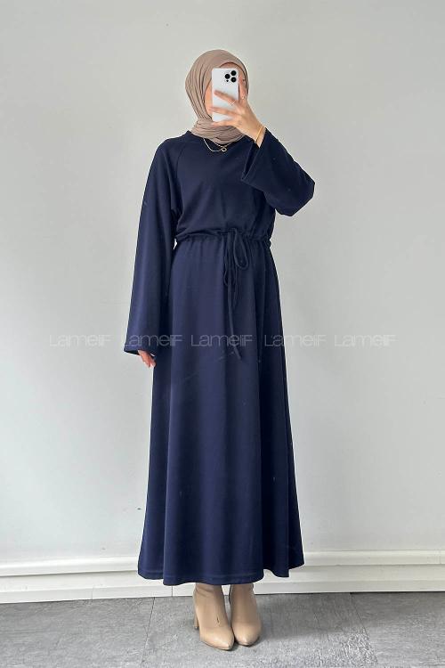 Lamelif Bel Tünel Detaylı Elbise Lacivert