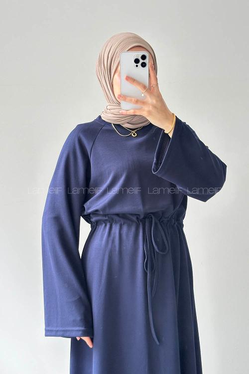 Lamelif Bel Tünel Detaylı Elbise Lacivert