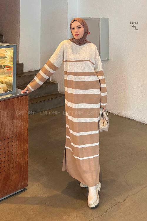 Lamelif Çizgi Detaylı Triko Elbise Camel