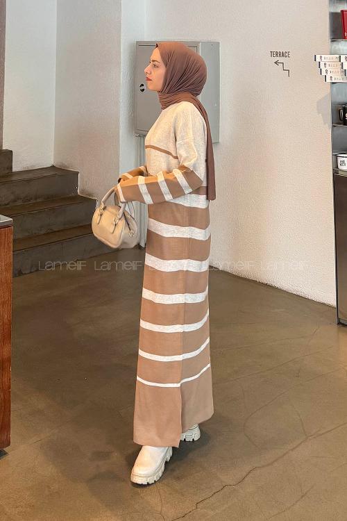Lamelif Çizgi Detaylı Triko Elbise Camel