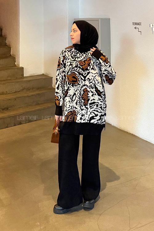 Lamelif Desenli Triko Takım Camel