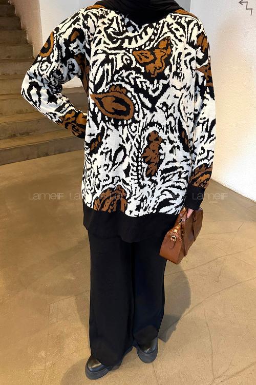 Lamelif Desenli Triko Takım Camel