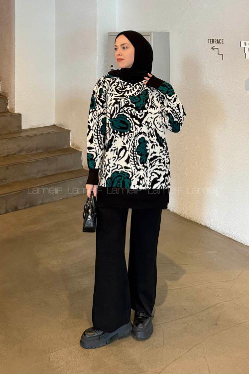 Lamelif Desenli Triko Takım Zümrüt