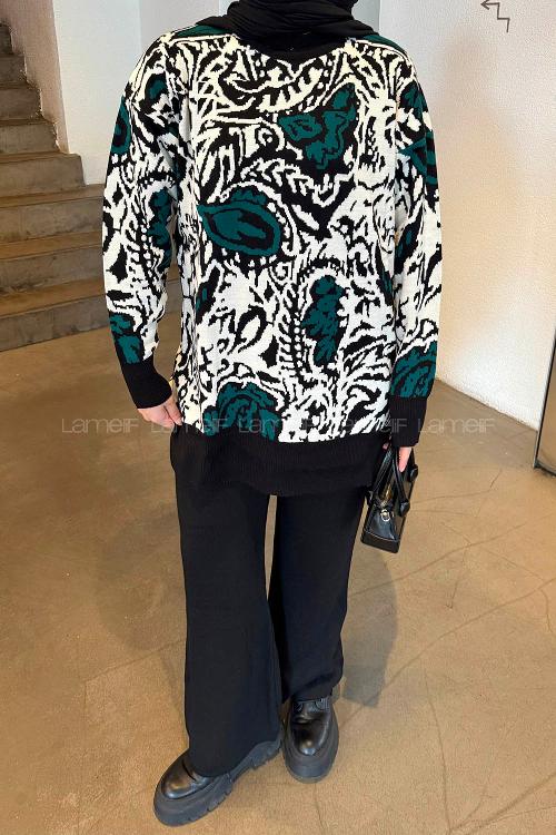 Lamelif Desenli Triko Takım Zümrüt