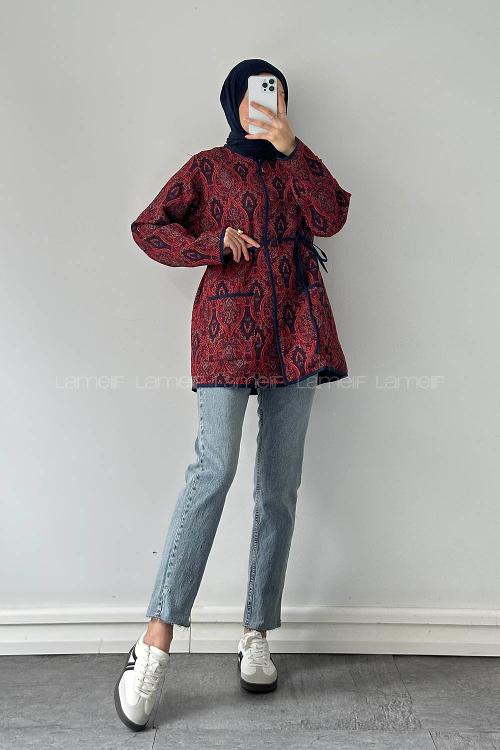 Lamelif Etnik Desen Ceket Bordo