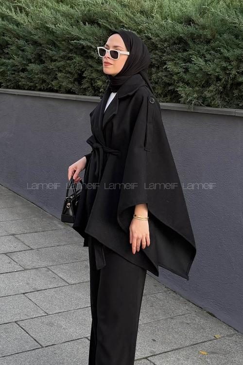 Lamelif Omuz Apoletli Bağlama Detaylı Panço Siyah