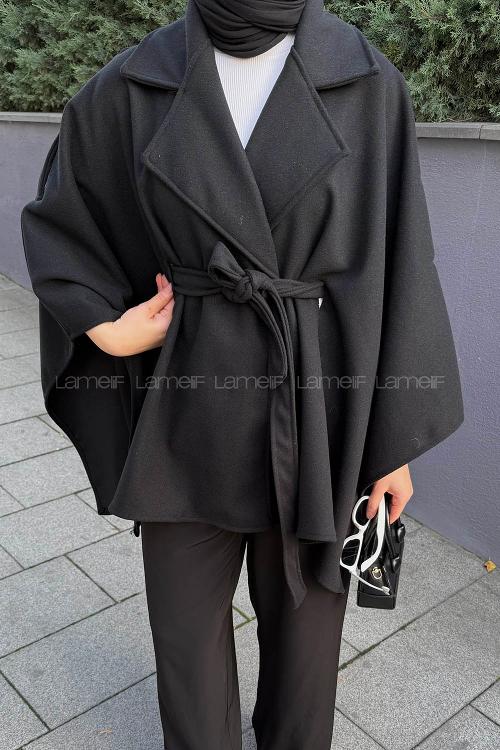 Lamelif Omuz Apoletli Bağlama Detaylı Panço Siyah