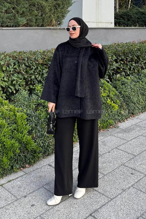 Lamelif Peluş Atkılı Mont Siyah