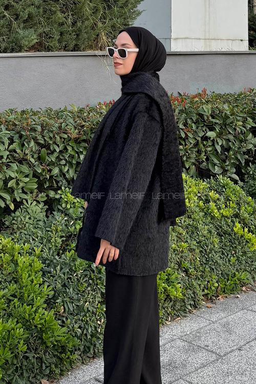Lamelif Peluş Atkılı Mont Siyah