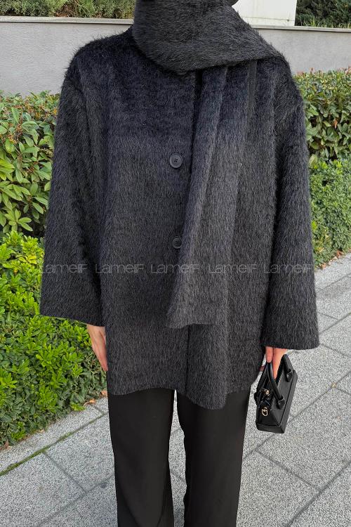 Lamelif Peluş Atkılı Mont Siyah