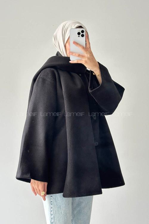 Lamelif Şal Yaka Kaşe Kaban Siyah