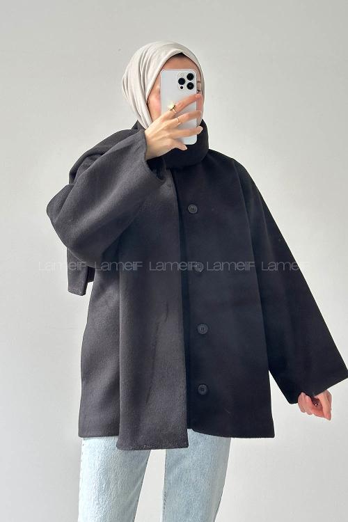Lamelif Şal Yaka Kaşe Kaban Siyah