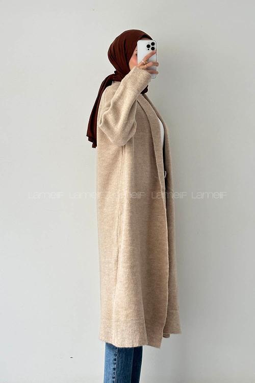 Lamelif Şal Yaka Uzun Triko Hırka Bej
