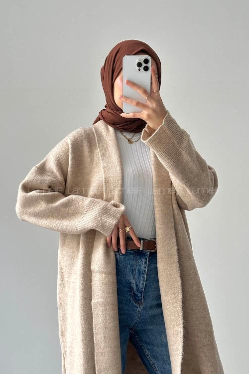 Lamelif Şal Yaka Uzun Triko Hırka Bej