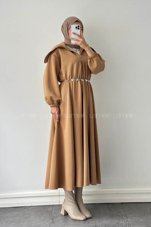 Lamelif Scuba Kemerli Elbise Sütlü Kahve