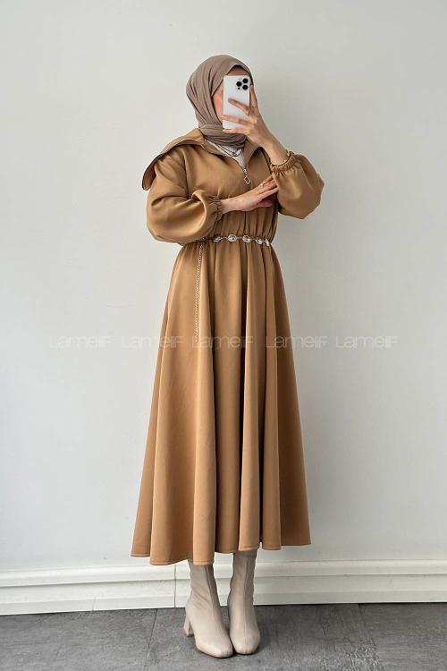 Lamelif Scuba Kemerli Elbise Sütlü Kahve