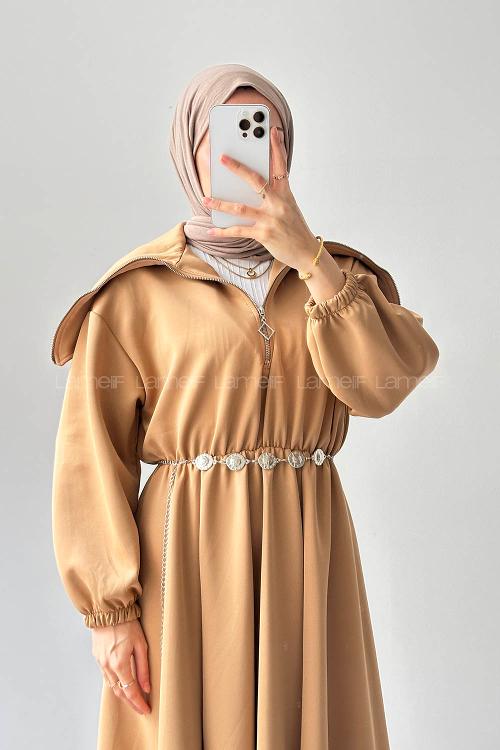 Lamelif Scuba Kemerli Elbise Sütlü Kahve