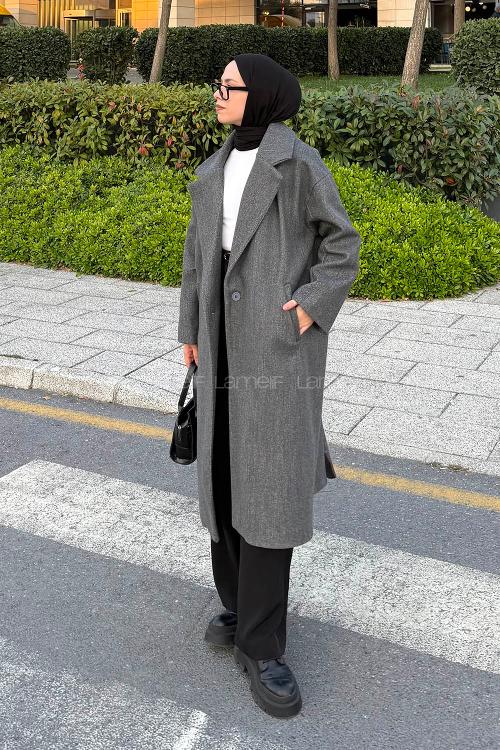 Lamelif Tek Düğmeli Kaşe Kaban Koyu Gri