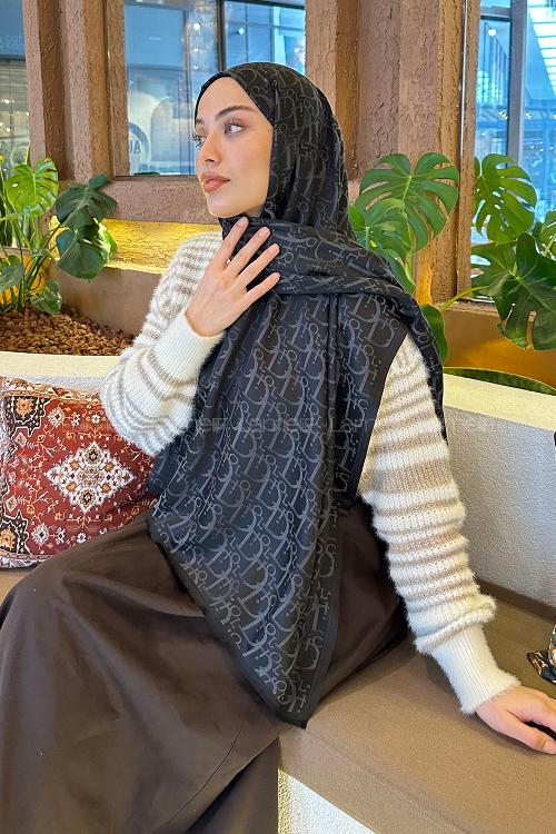 Lamelif Dior Desen Kaşmir Çift Taraflı Şal Antrasit