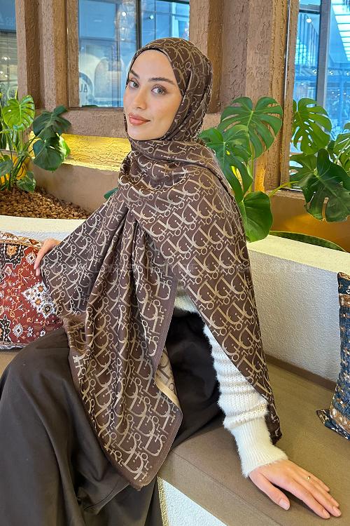 Lamelif Dior Desen Kaşmir Çift Taraflı Şal Kahverengi