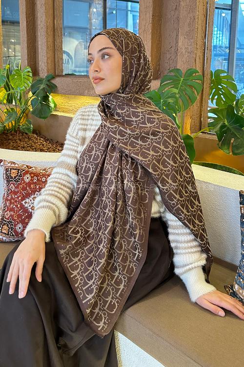 Lamelif Dior Desen Kaşmir Çift Taraflı Şal Kahverengi