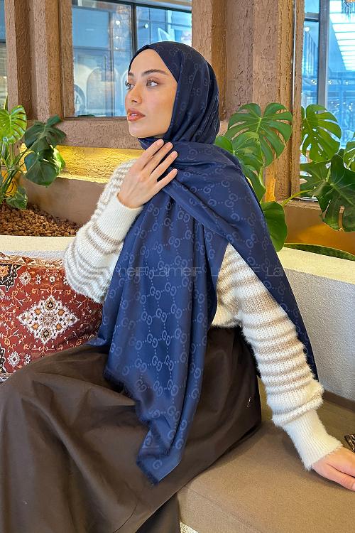 Lamelif G Desen Kaşmir Çift Taraflı Şal Lacivert