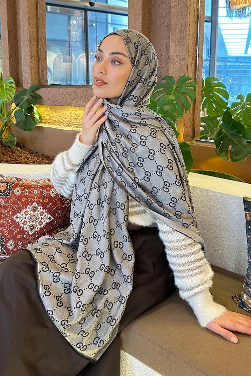 Lamelif G Desen Kaşmir Çift Taraflı Şal Siyah Gri