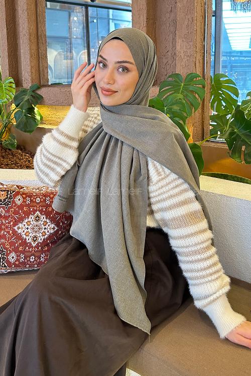 Lamelif Küf Yeşili Keten Şal